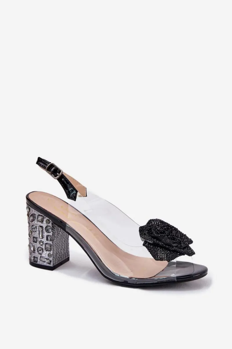 Sandały Na Słupku|Sandały Na Obcasie>Damskie buty S.Barski Transparentne Sandały Na Słupku Z Kryształkami I Ozdobą D&A MR51-702 Czarne Czarny