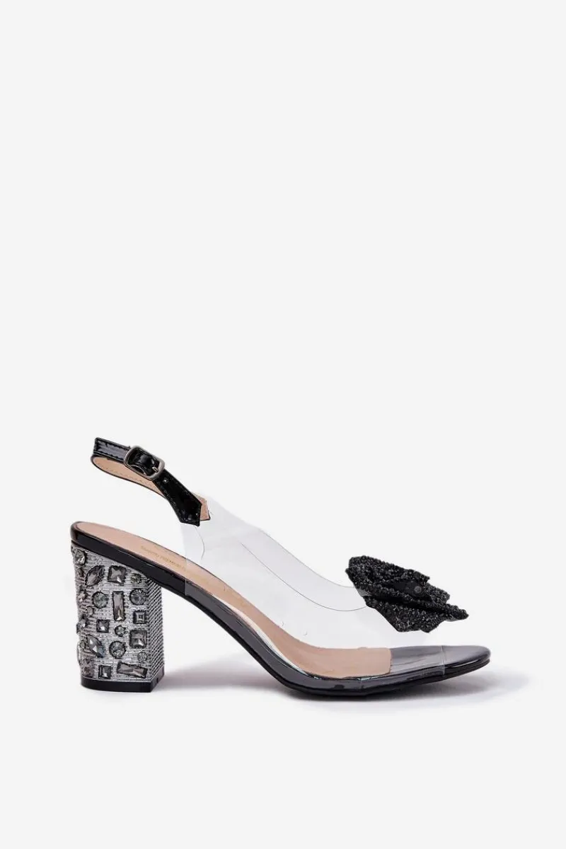 Sandały Na Słupku|Sandały Na Obcasie>Damskie buty S.Barski Transparentne Sandały Na Słupku Z Kryształkami I Ozdobą D&A MR51-702 Czarne Czarny