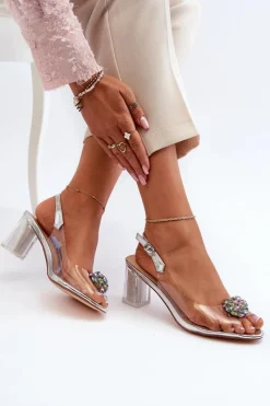 Sandały Na Słupku|Sandały Na Obcasie>Damskie buty S.Barski Transparentne Sandały Na Słupku z Ozdobą Srebrne D&A MR38-454 Srebrny