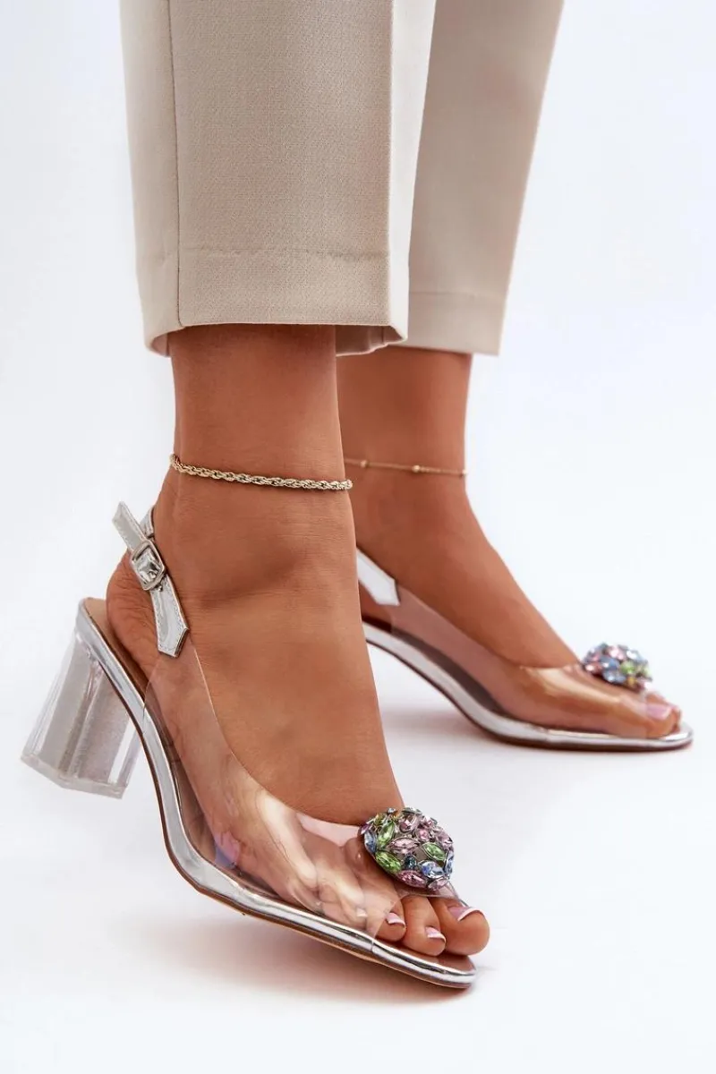 Sandały Na Słupku|Sandały Na Obcasie>Damskie buty S.Barski Transparentne Sandały Na Słupku z Ozdobą Srebrne D&A MR38-454 Srebrny