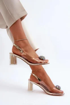Sandały Na Obcasie>Damskie buty S.Barski Transparentne Sandały Na Słupku z Ozdobą Złote D&A MR38-454