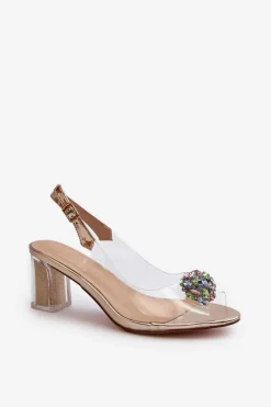 Sandały Na Obcasie></noscript>Damskie buty S.Barski Transparentne Sandały Na Słupku z Ozdobą Złote D&A MR38-454