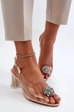 Sandały Na Obcasie></noscript>Damskie buty S.Barski Transparentne Sandały Na Słupku z Ozdobą Złote D&A MR38-454