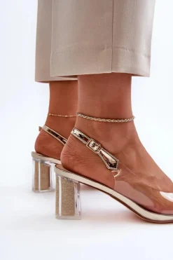 Sandały Na Obcasie></noscript>Damskie buty S.Barski Transparentne Sandały Na Słupku z Ozdobą Złote D&A MR38-454