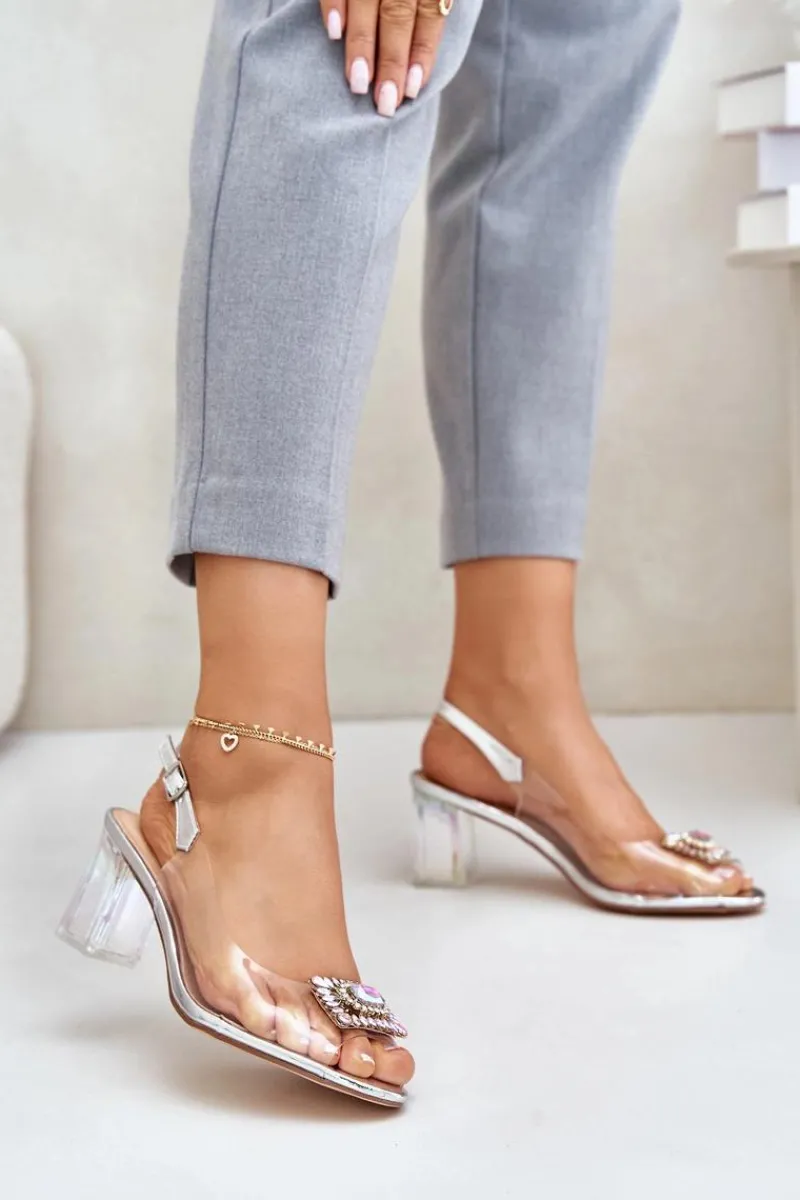 New Damskie buty S.Barski Transparentne Sandały Z Broszką Na Słupku D&A MR42-031 Srebrne
