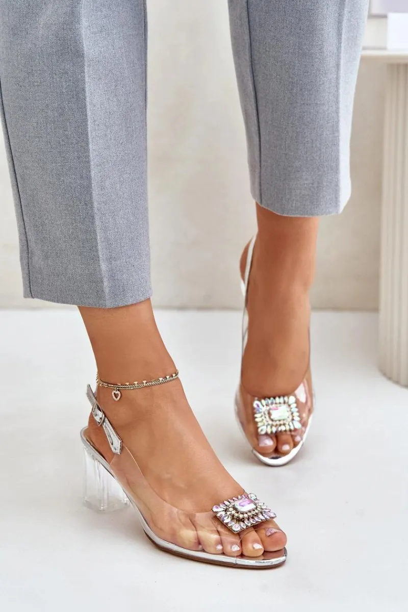 New Damskie buty S.Barski Transparentne Sandały Z Broszką Na Słupku D&A MR42-031 Srebrne