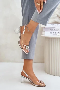 New Damskie buty S.Barski Transparentne Sandały Z Broszką Na Słupku D&A MR42-031 Srebrne