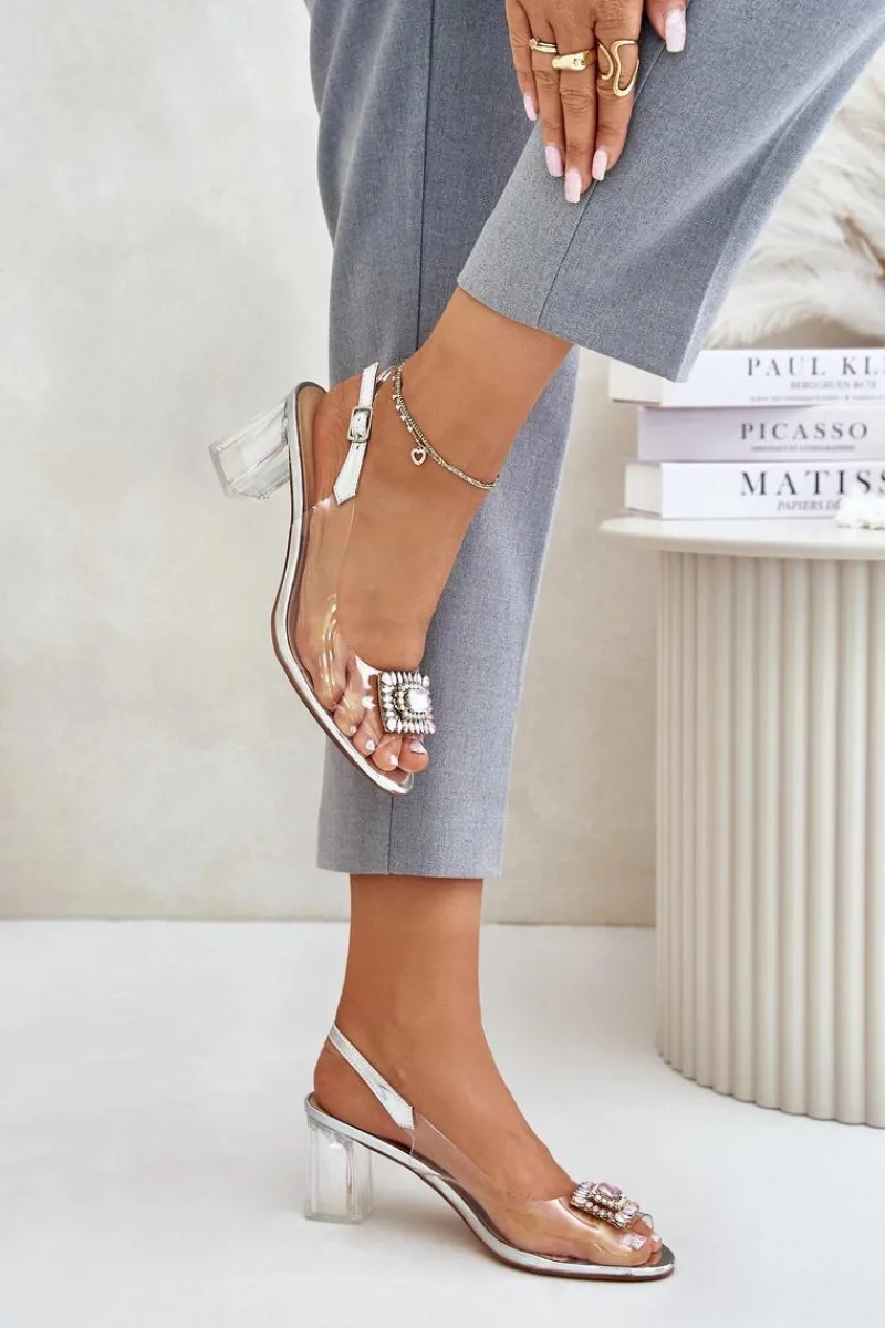 New Damskie buty S.Barski Transparentne Sandały Z Broszką Na Słupku D&A MR42-031 Srebrne