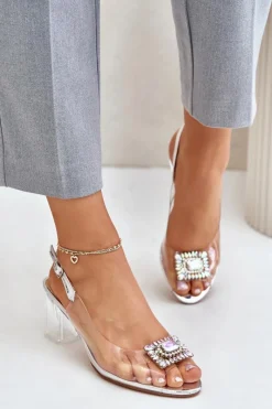 New Damskie buty S.Barski Transparentne Sandały Z Broszką Na Słupku D&A MR42-031 Srebrne