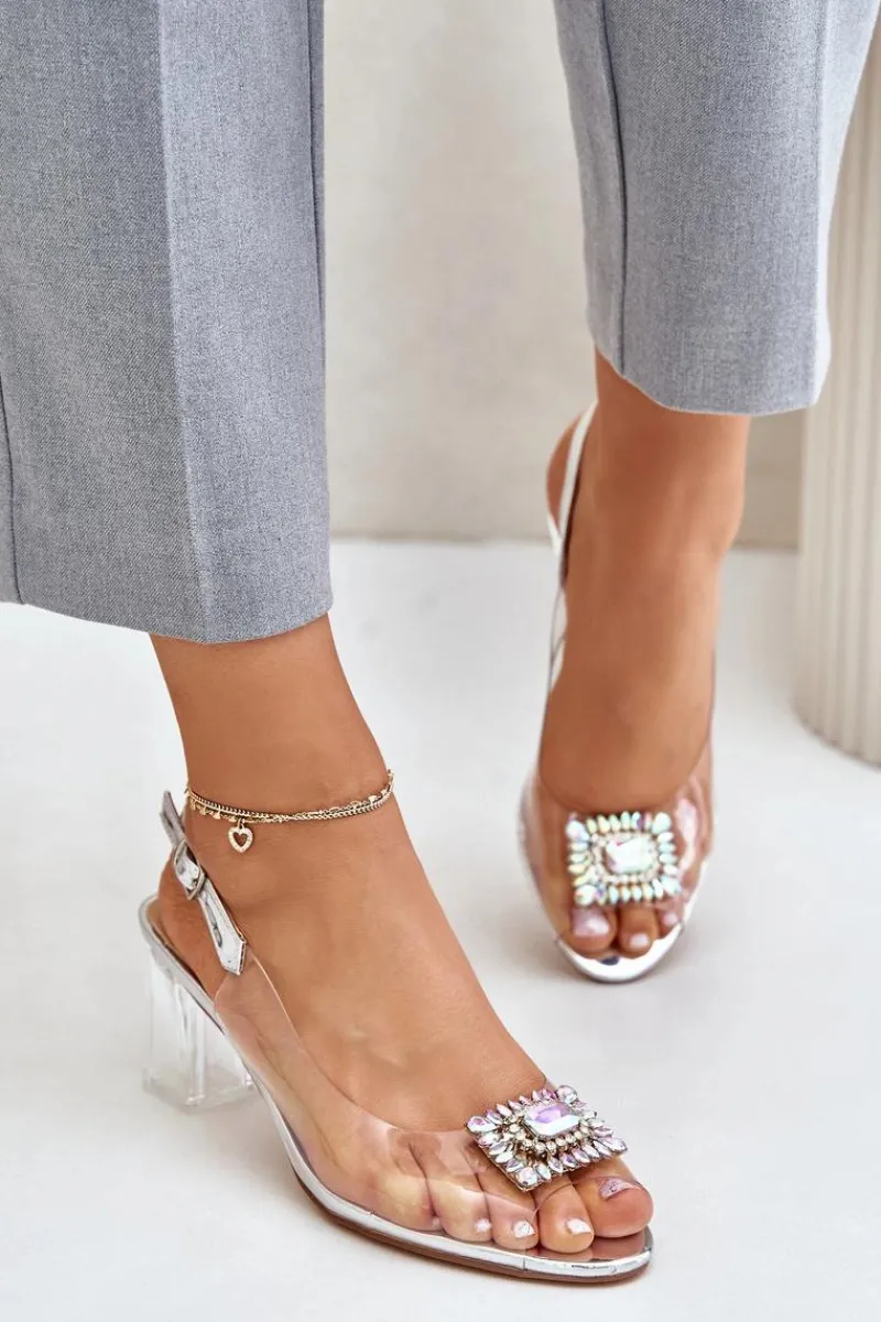 New Damskie buty S.Barski Transparentne Sandały Z Broszką Na Słupku D&A MR42-031 Srebrne