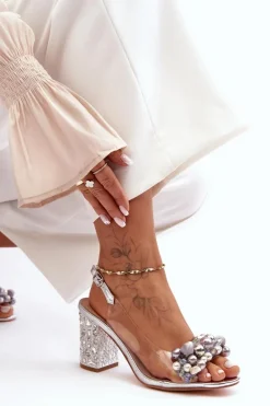 Clearance Transparentne Stylowe Sandały Na Słupku Srebrne S.Barski MR1037-17 Damskie Sandały Na Obcasie