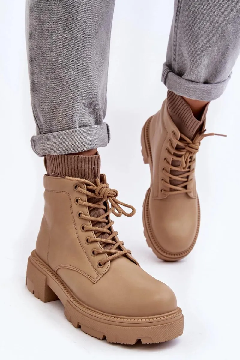 Discount Trapery Botki Damskie Ze Skarpetą Beżowe Rivella Damskie Botki Ocieplane|Damskie Trapery