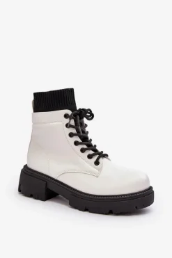 Outlet Trapery Botki Damskie Ze Skarpetą Biało-Czarne Rivella Damskie Damskie Trapery|Botki Sznurowane