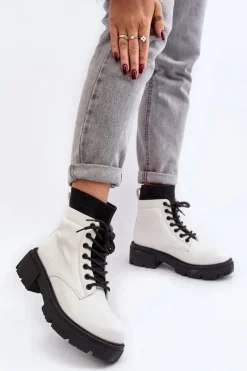 Outlet Trapery Botki Damskie Ze Skarpetą Biało-Czarne Rivella Damskie Damskie Trapery|Botki Sznurowane