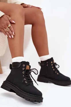 Clearance Boto Trapery Damskie Ocieplane Futerkiem Na Zamek Czarne Tharika Czarny