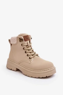 New Trapery Damskie Skórzane Z Kożuchem Jasnobeżowe Lynnvia Damskie Damskie Trapery|Botki Sznurowane