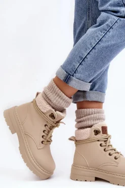 New Trapery Damskie Skórzane Z Kożuchem Jasnobeżowe Lynnvia Damskie Damskie Trapery|Botki Sznurowane