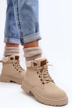 New Trapery Damskie Skórzane Z Kożuchem Jasnobeżowe Lynnvia Damskie Damskie Trapery|Botki Sznurowane