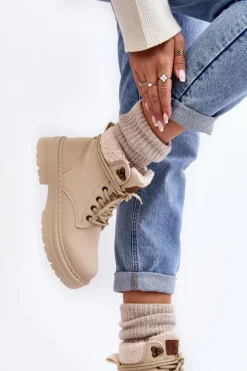 New Trapery Damskie Skórzane Z Kożuchem Jasnobeżowe Lynnvia Damskie Damskie Trapery|Botki Sznurowane