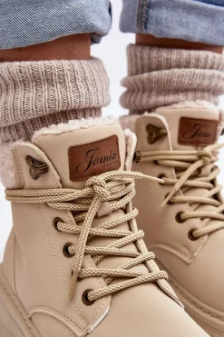 New Trapery Damskie Skórzane Z Kożuchem Jasnobeżowe Lynnvia Damskie Damskie Trapery|Botki Sznurowane
