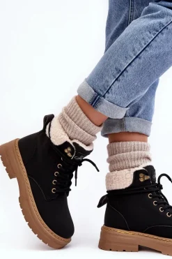 Clearance Boto Trapery Damskie Skórzane Z Kożuchem Czarne Lynnvia