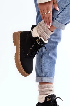 Clearance Boto Trapery Damskie Skórzane Z Kożuchem Czarne Lynnvia