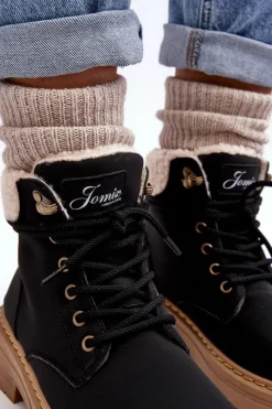 Clearance Boto Trapery Damskie Skórzane Z Kożuchem Czarne Lynnvia