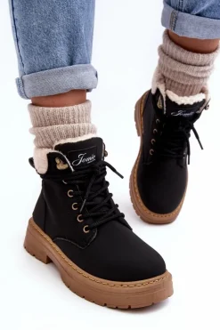 Clearance Boto Trapery Damskie Skórzane Z Kożuchem Czarne Lynnvia