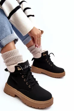 Clearance Boto Trapery Damskie Skórzane Z Kożuchem Czarne Lynnvia