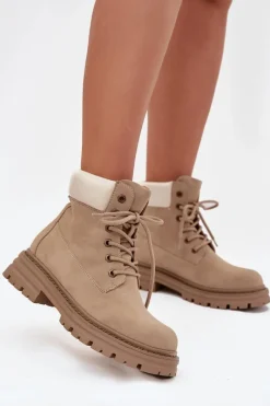 Botki Ocieplane|Damskie Trapery>Boto Trapery Damskie Sznurowane Beżowe Norena