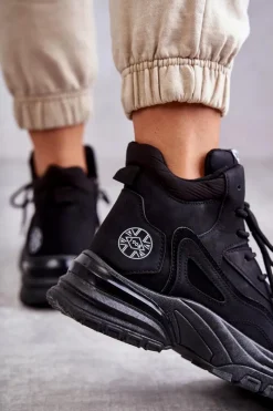 Clearance Trapery na platformie LCJ-22-44-1353L Czarne Damskie Botki Sznurowane|Czarne Botki