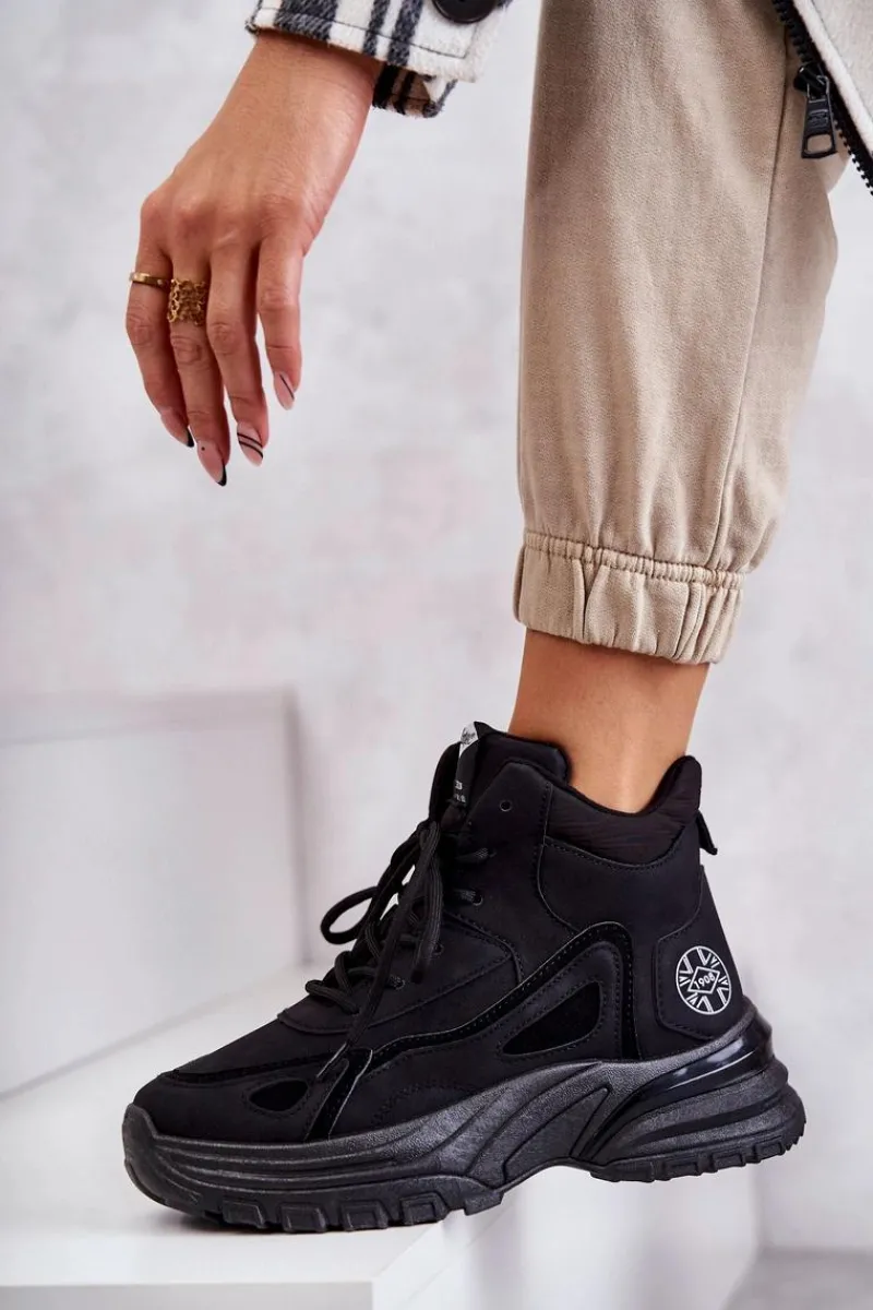 Clearance Trapery na platformie LCJ-22-44-1353L Czarne Damskie Botki Sznurowane|Czarne Botki