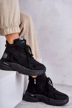 Clearance Trapery na platformie LCJ-22-44-1353L Czarne Damskie Botki Sznurowane|Czarne Botki