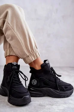 Clearance Trapery na platformie LCJ-22-44-1353L Czarne Damskie Botki Sznurowane|Czarne Botki