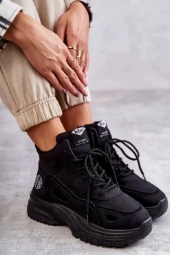 Clearance Trapery na platformie LCJ-22-44-1353L Czarne Damskie Botki Sznurowane|Czarne Botki