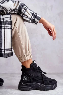 Clearance Trapery na platformie LCJ-22-44-1353L Czarne Damskie Botki Sznurowane|Czarne Botki