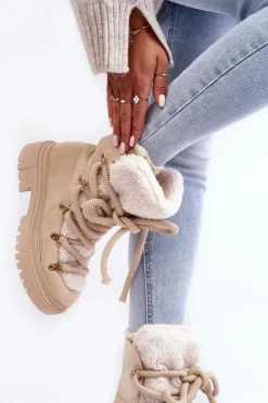 Sale Boto Trapery Śniegowce Damskie Z Wiązaniem Jasnobeżowe Shala