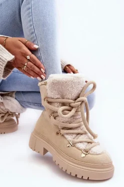 Sale Boto Trapery Śniegowce Damskie Z Wiązaniem Jasnobeżowe Shala
