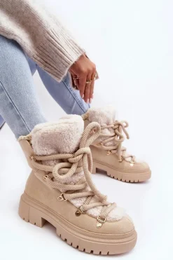 Sale Boto Trapery Śniegowce Damskie Z Wiązaniem Jasnobeżowe Shala