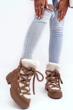 Śniegowce Damskie>Boto Trapery Śniegowce Damskie Z Wiązaniem Beżowe Shala