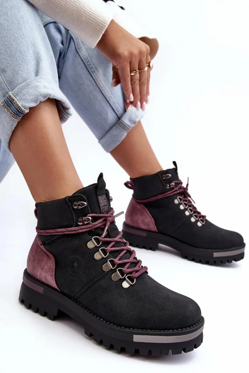 Sale Trapery Sznurowane Czarne Big Star MM274318 Damskie Damskie Trapery|Botki Sznurowane