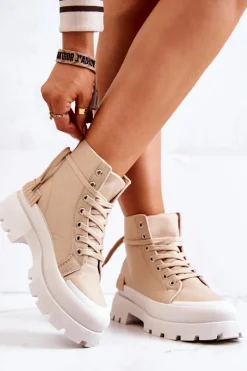 Online Trapery Wiązane Ciemnobeżowe Faithfull Damskie Damskie Trapery|Botki Sznurowane