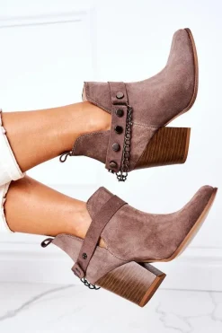 Online Welurowe Botki Na Słupku Lewski Shoes 2880 Brązowe Damskie Botki Wiosenne|Botki Na Słupku