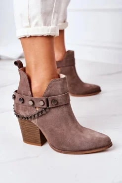 Online Welurowe Botki Na Słupku Lewski Shoes 2880 Brązowe Damskie Botki Wiosenne|Botki Na Słupku
