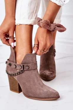 Online Welurowe Botki Na Słupku Lewski Shoes 2880 Brązowe Damskie Botki Wiosenne|Botki Na Słupku