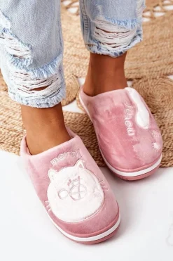 Hot Welurowe Papcie Z Kotem Ciemnoróżowe Good Morning Damskie Kapcie Klasyczne