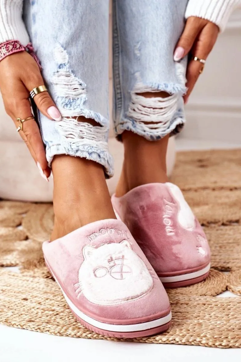 Hot Welurowe Papcie Z Kotem Ciemnoróżowe Good Morning Damskie Kapcie Klasyczne