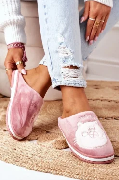 Hot Welurowe Papcie Z Kotem Ciemnoróżowe Good Morning Damskie Kapcie Klasyczne