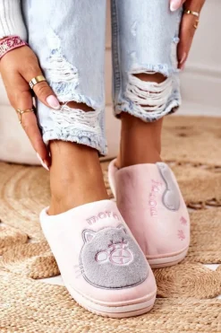 Sale Boto Welurowe Papcie Z Kotem Różowo-Szare Good Morning