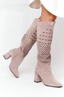 Boto Wiosenne Ażurowe Kozaki Lewski Shoes 2847/B Beżowe